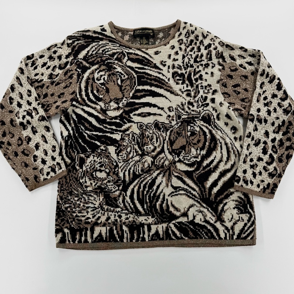 Vintage 80s 90s LISA Originals Tiger Animal Print Statement Sweater M mob wife
